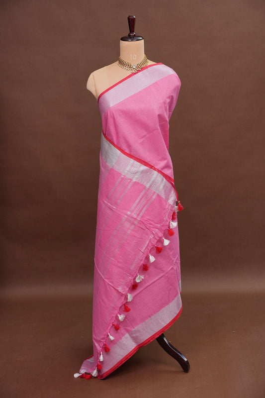 Pure Linen Saree – Blush Pink with Silver Zari Accents