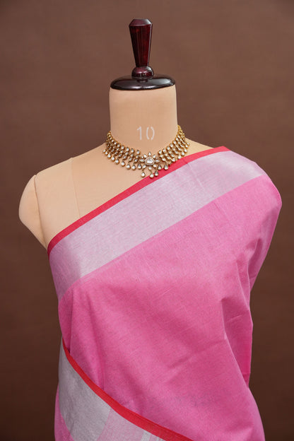 Pure Linen Saree – Blush Pink with Silver Zari Accents