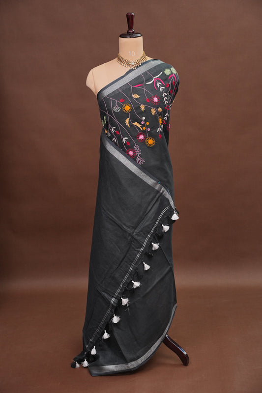 Hand Embroidery Pure Linen Saree With Tissue Border - Black