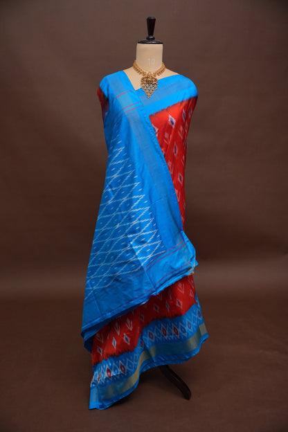 Pure Ikkat Soft Silk Saree - Orange & Blue