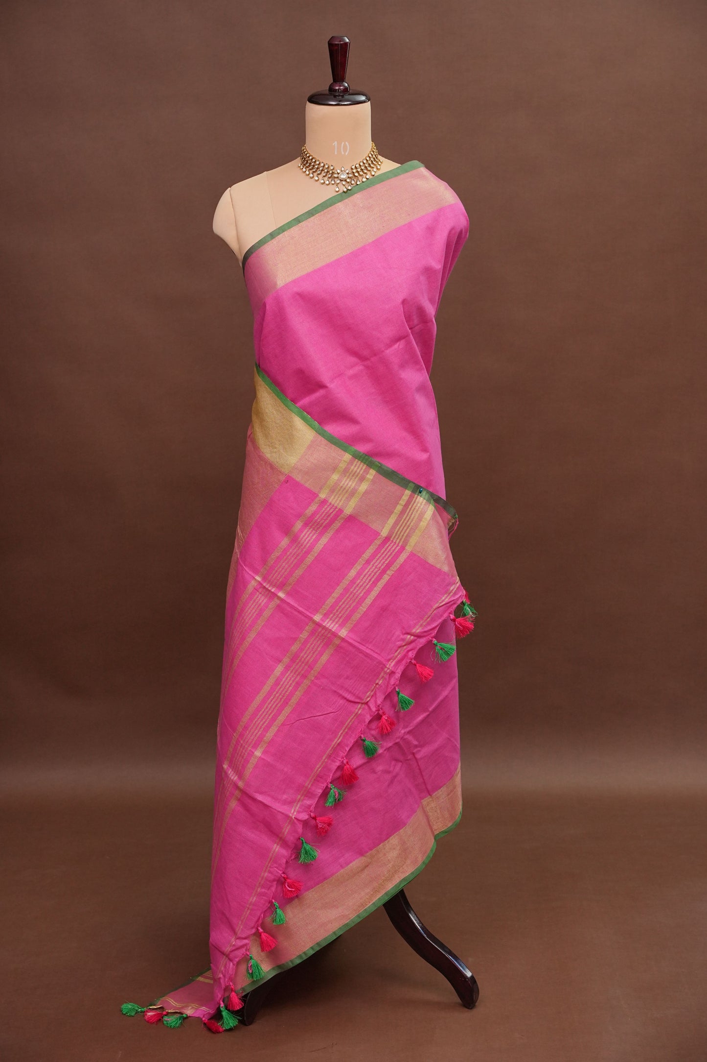 Pure Linen Saree – Vibrant Pink with Gold Zari Checks & Green Accents