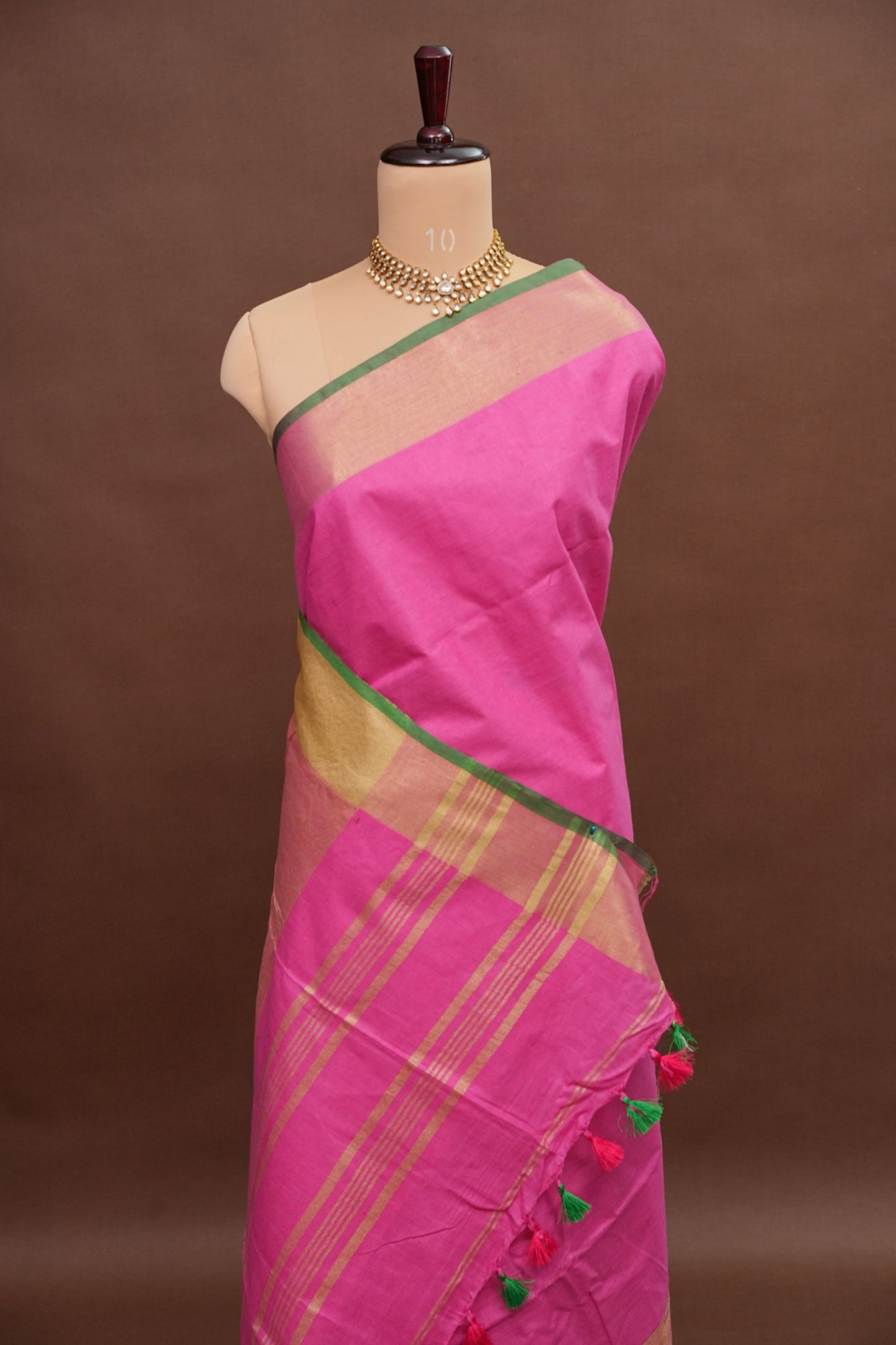 Pure Linen Saree – Vibrant Pink with Gold Zari Checks & Green Accents
