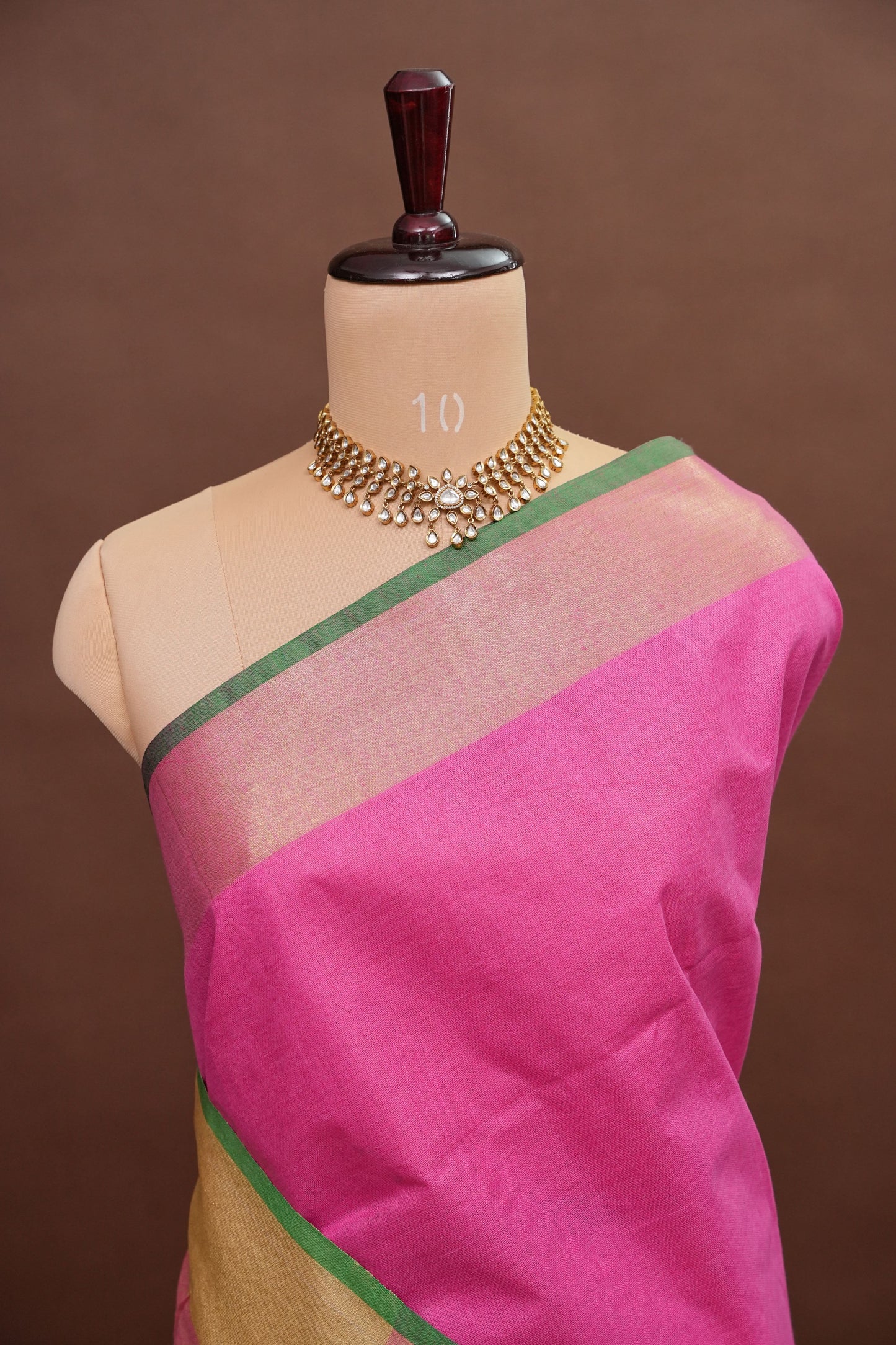 Pure Linen Saree – Vibrant Pink with Gold Zari Checks & Green Accents
