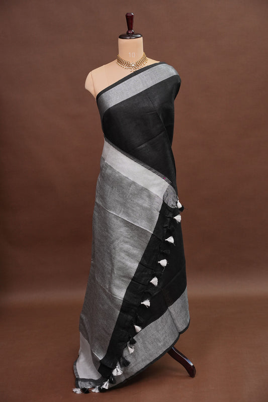 Pure Linen Silk Saree – Classic Black & Silver Dual Tone with Minimalist Border