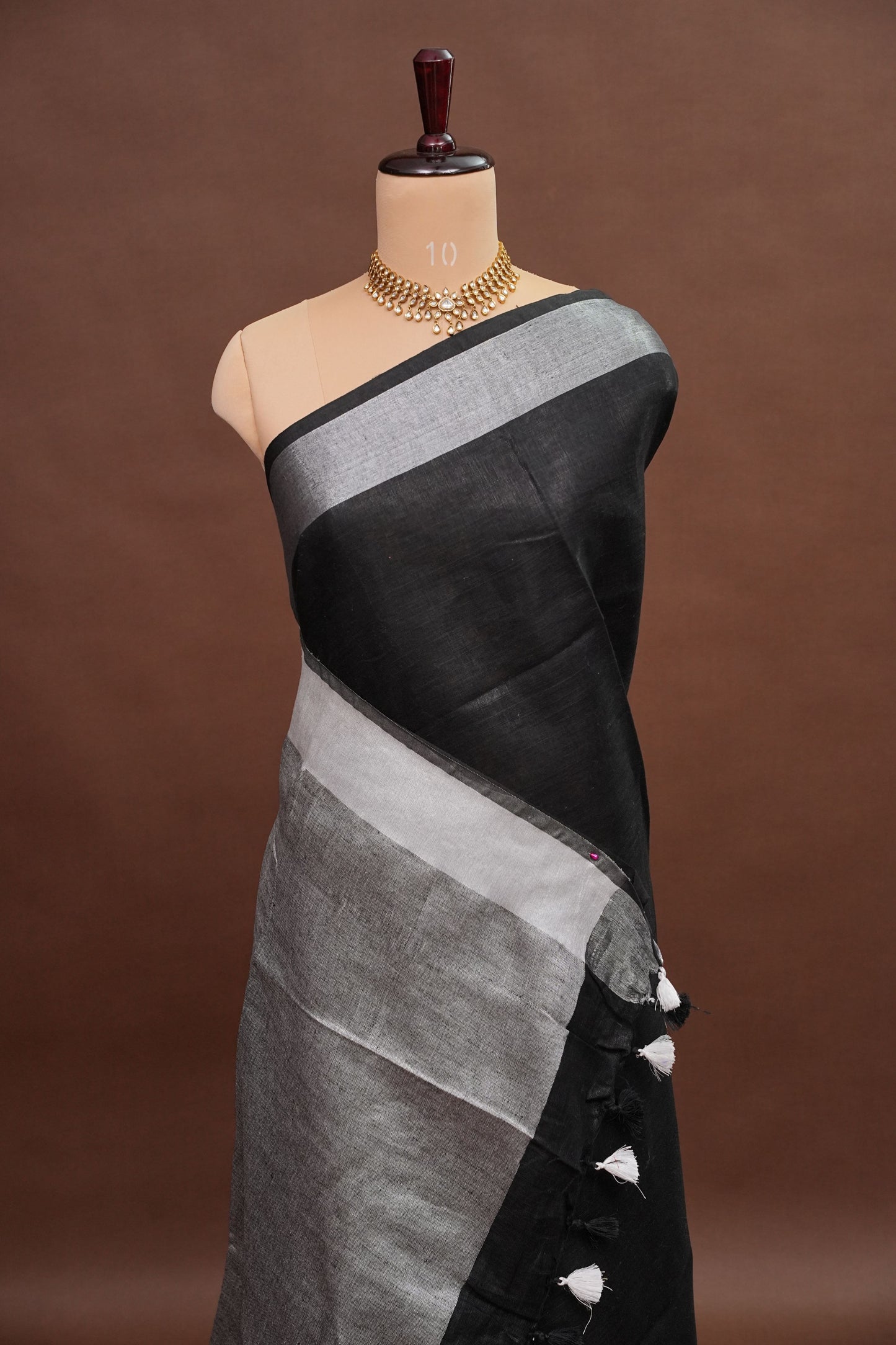 Pure Linen Silk Saree – Classic Black & Silver Dual Tone with Minimalist Border