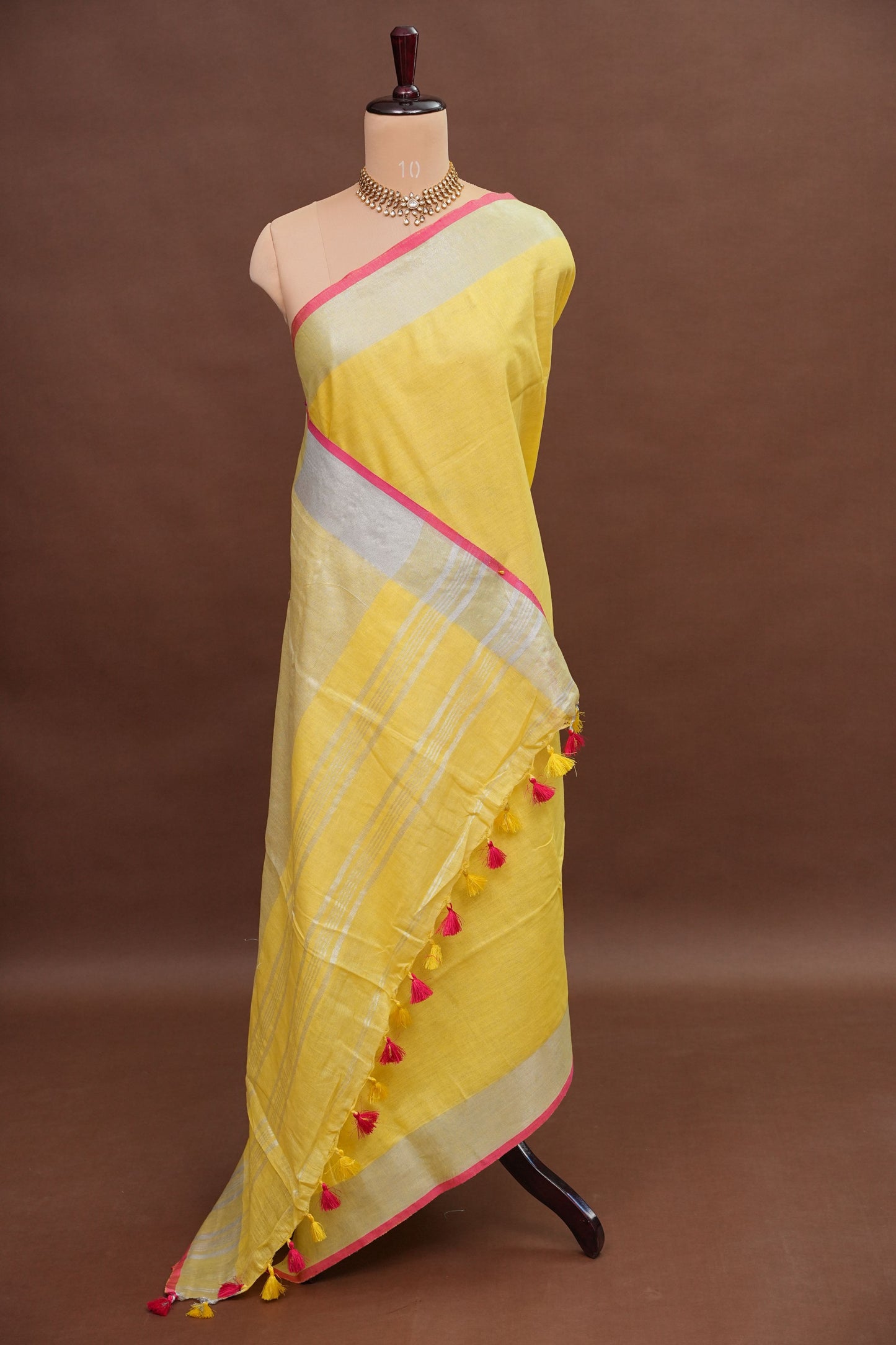 Pure Linen Saree – Sunshine Yellow with Silver Zari & Pink Accents
