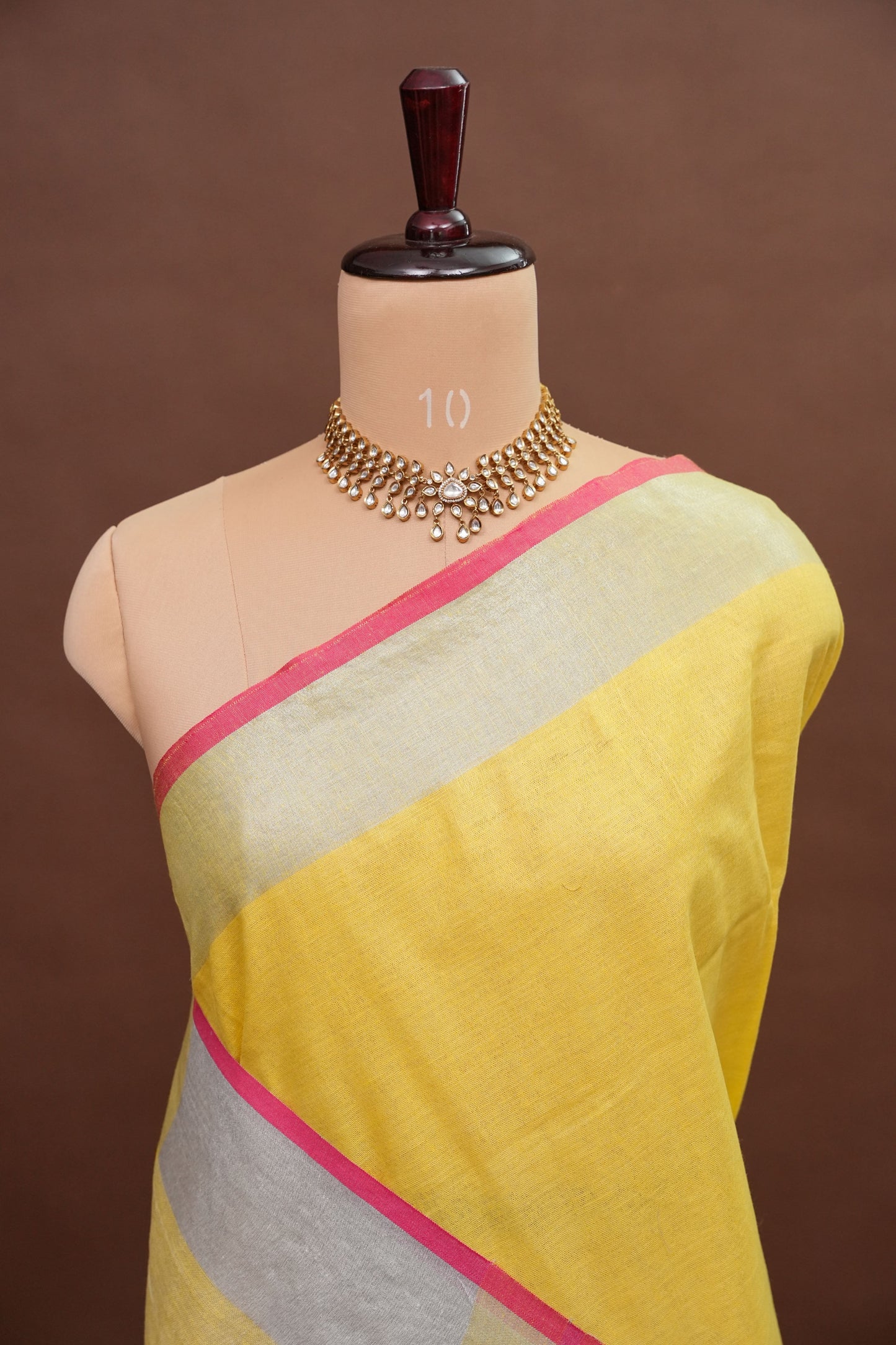 Pure Linen Saree – Sunshine Yellow with Silver Zari & Pink Accents