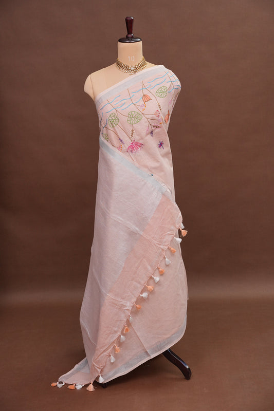 Hand Embroidery Pure Linen Saree With Tissue Border - Baby Pink