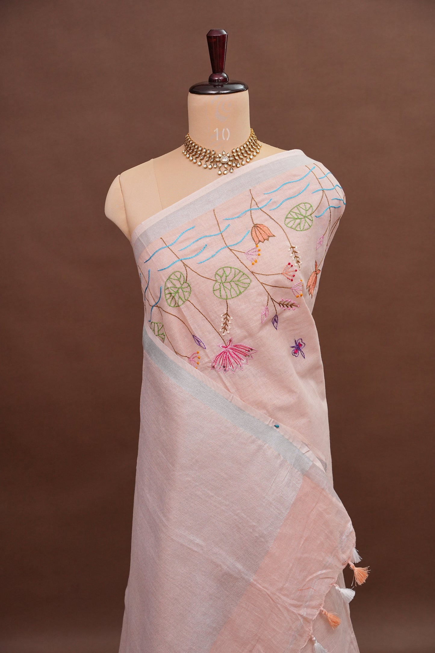 Hand Embroidery Pure Linen Saree With Tissue Border - Baby Pink