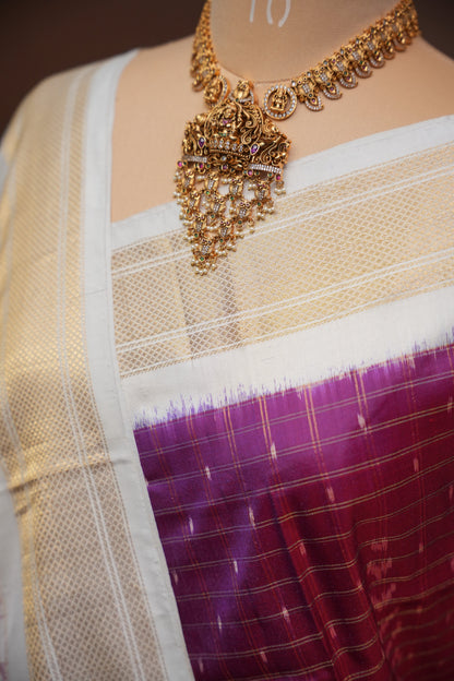 Pure Ikkat Soft Silk Saree - Ivory & Wine