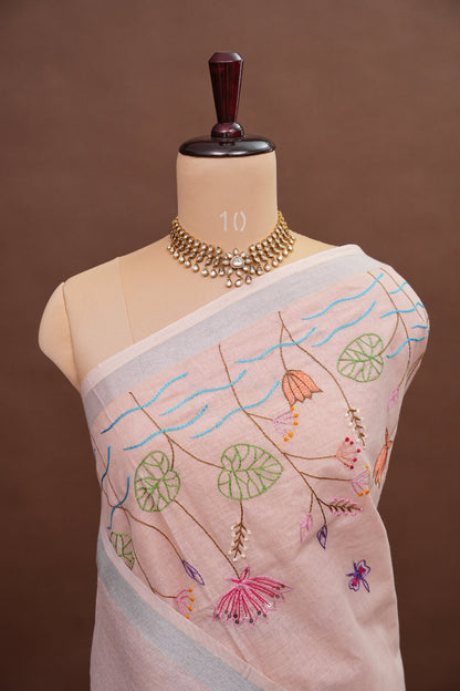 Hand Embroidery Pure Linen Saree With Tissue Border - Baby Pink