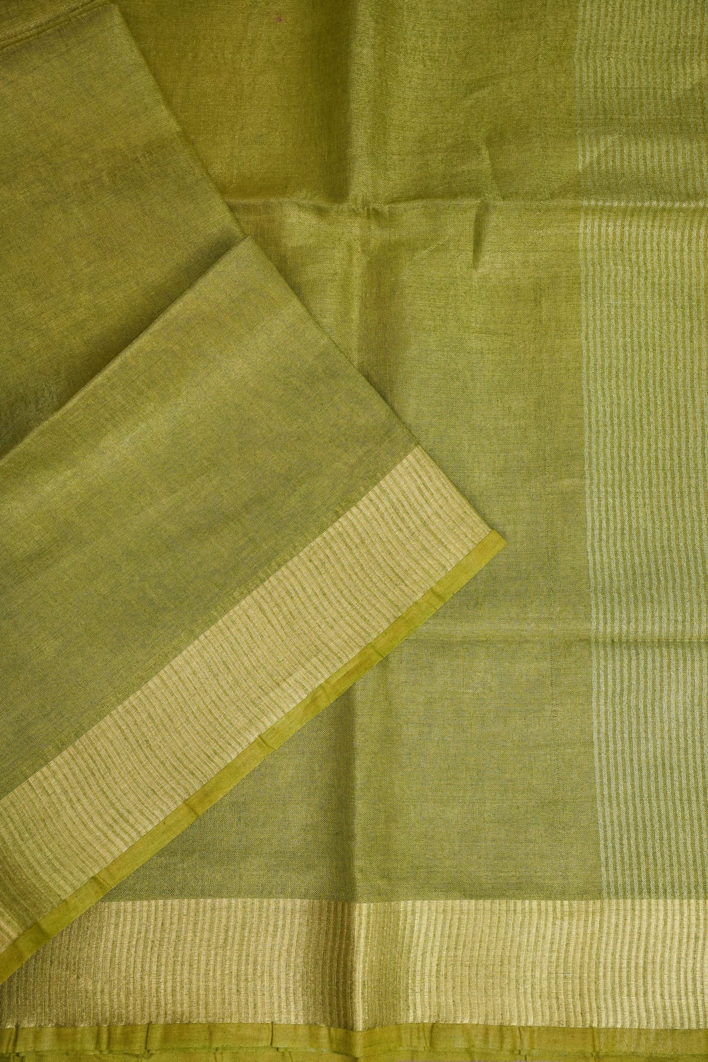 Tissue Linen Silk Saree – Olive Green with Subtle Zari Border