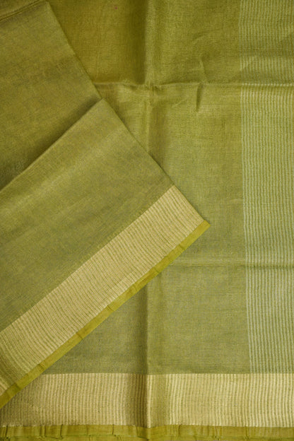 Tissue Linen Silk Saree – Olive Green with Subtle Zari Border
