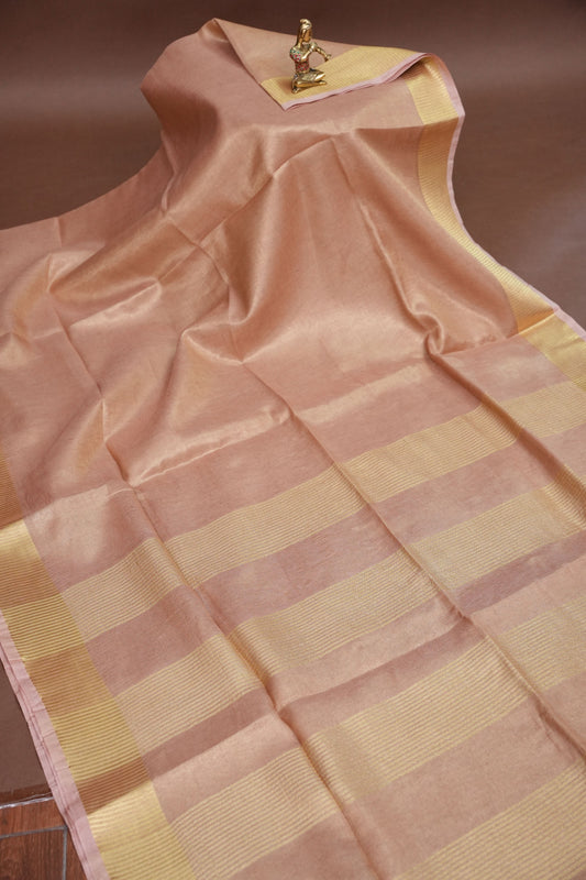 Tissue Linen Silk Saree – Soft Blush Beige with Classic Gold Zari Border