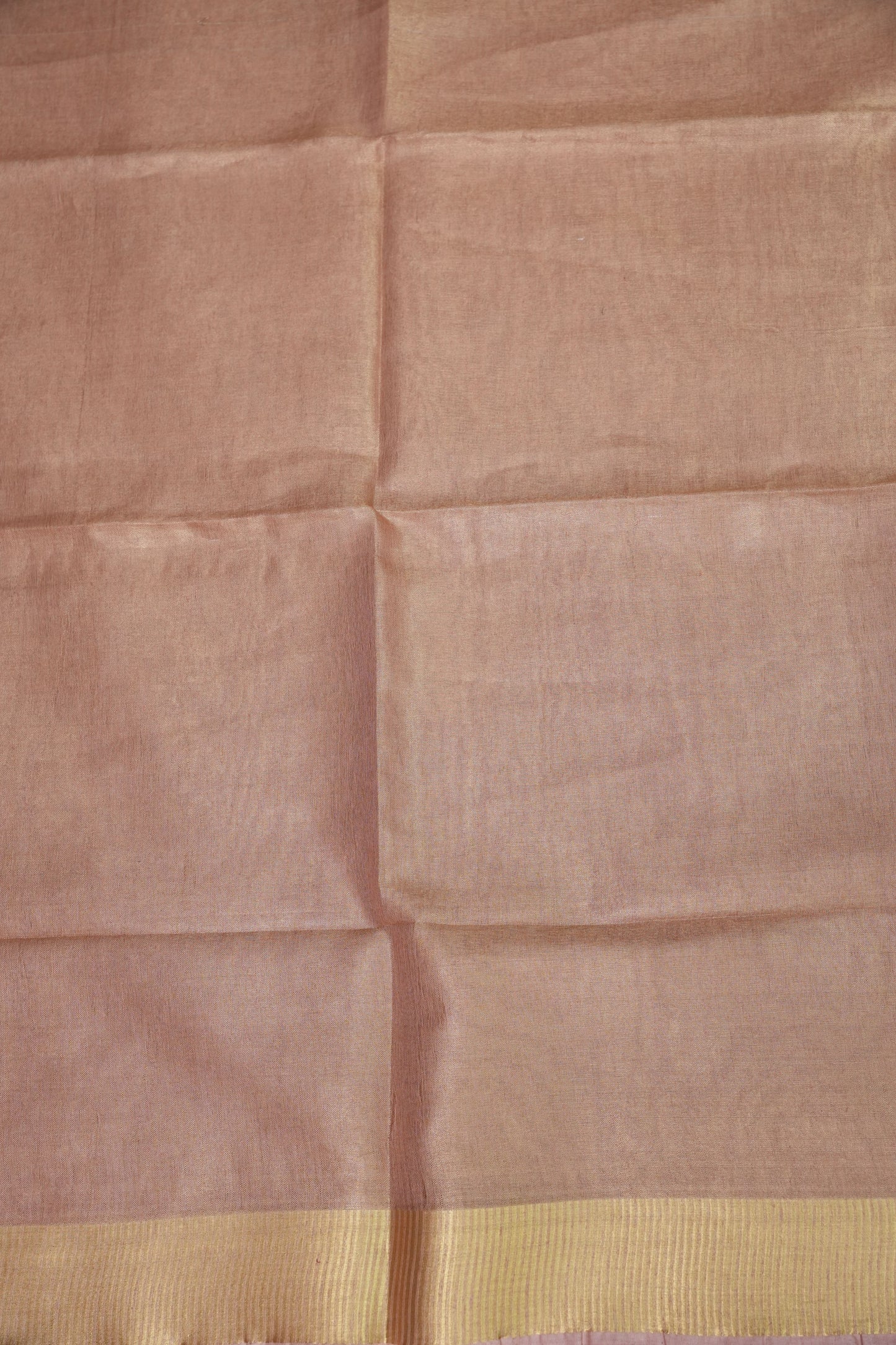 Tissue Linen Silk Saree – Soft Blush Beige with Classic Gold Zari Border