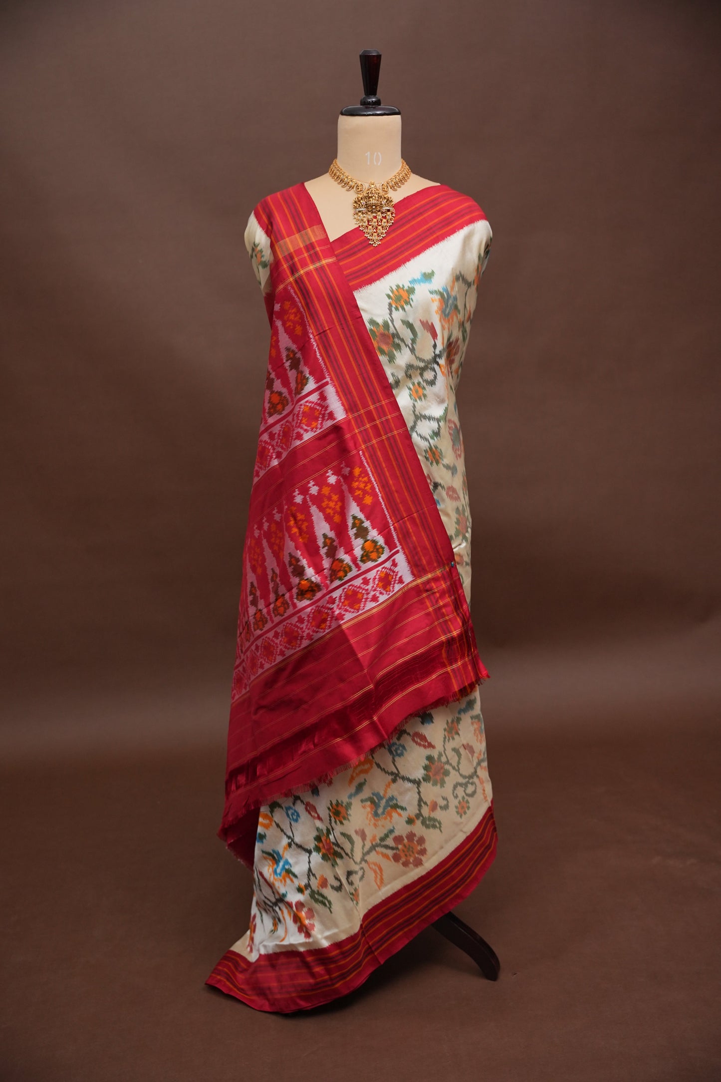 Pure Ikkat Soft Silk Saree - Off White & Red