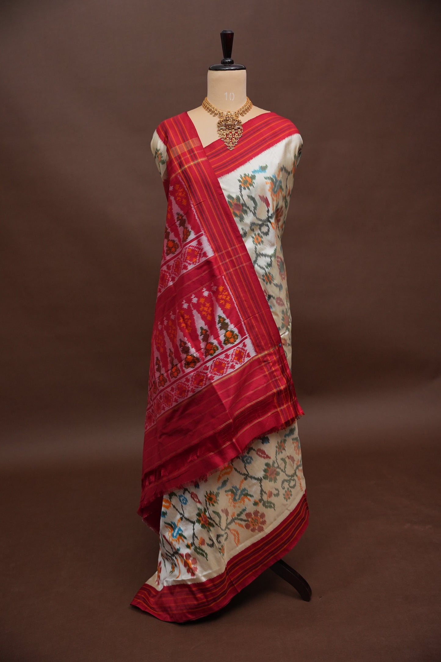 Pure Ikkat Soft Silk Saree - Off White & Red