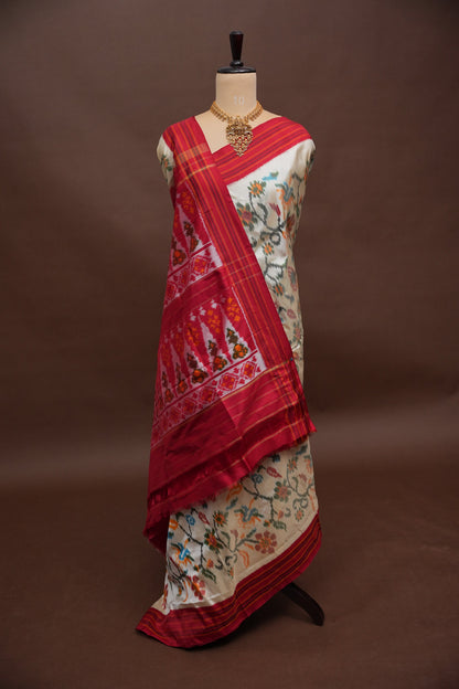 Pure Ikkat Soft Silk Saree - Off White & Red