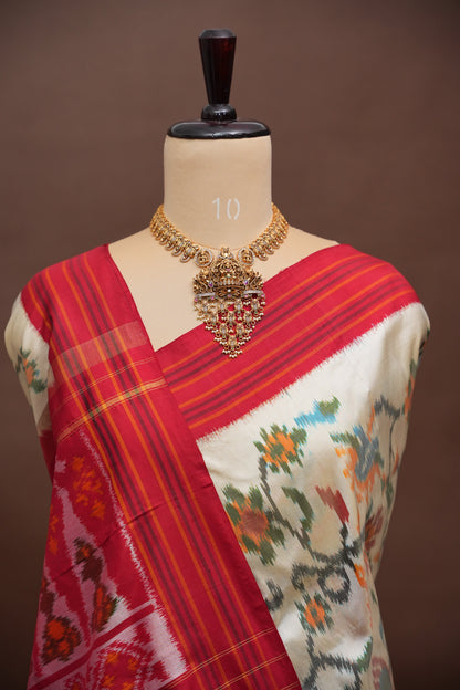 Pure Ikkat Soft Silk Saree - Off White & Red