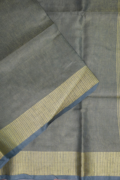 Tissue Linen Silk Saree – Steel Grey with Classic Gold Zari Border