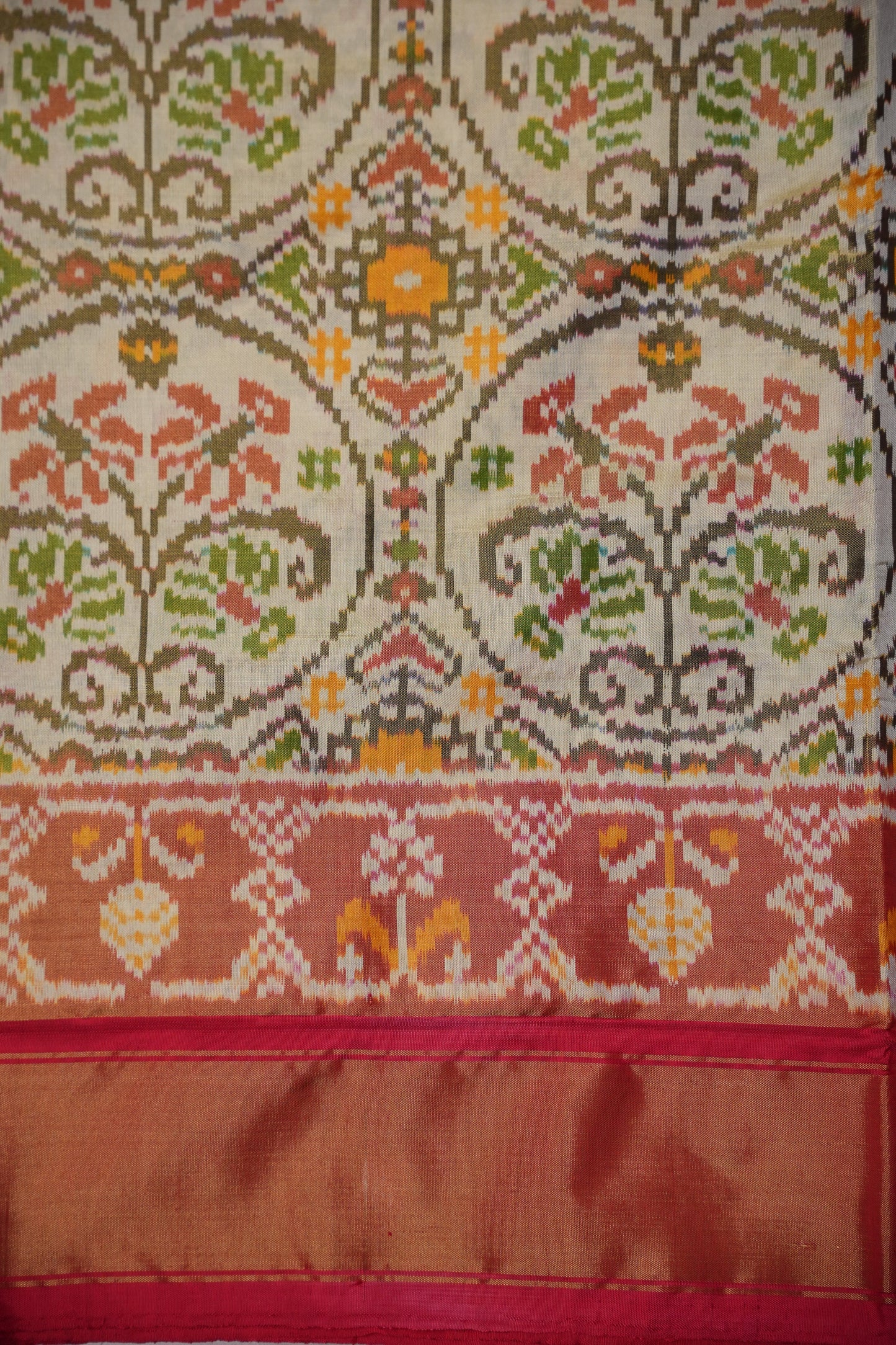 Pure Ikkat Soft Silk Saree - Ivory & Red
