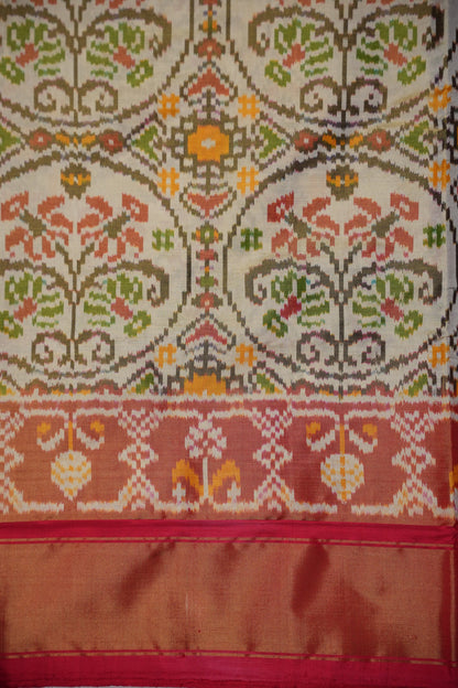 Pure Ikkat Soft Silk Saree - Ivory & Red