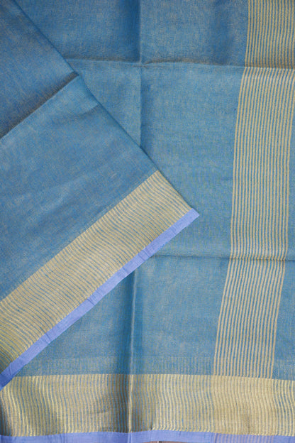 Tissue Linen Silk Saree – Powder Blue with Subtle Gold Zari Border