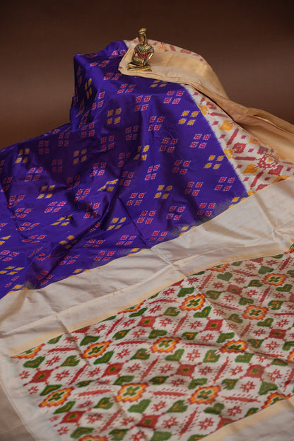 Pure Ikkat Soft Silk Saree - Purple & Ivory