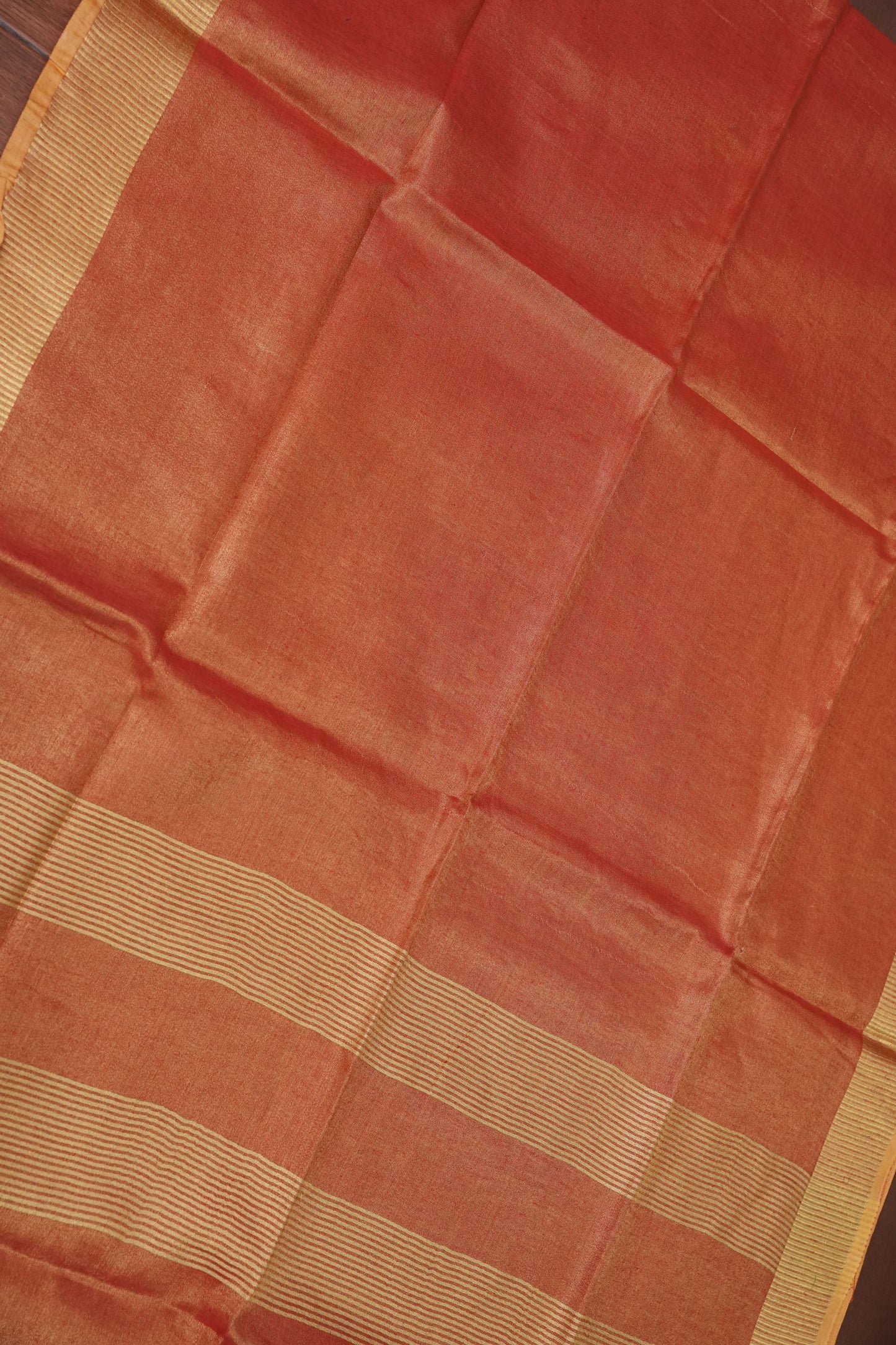 Tissue Linen Silk Saree – Coral Peach with Classic Gold Zari Border