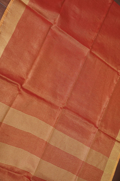Tissue Linen Silk Saree – Coral Peach with Classic Gold Zari Border