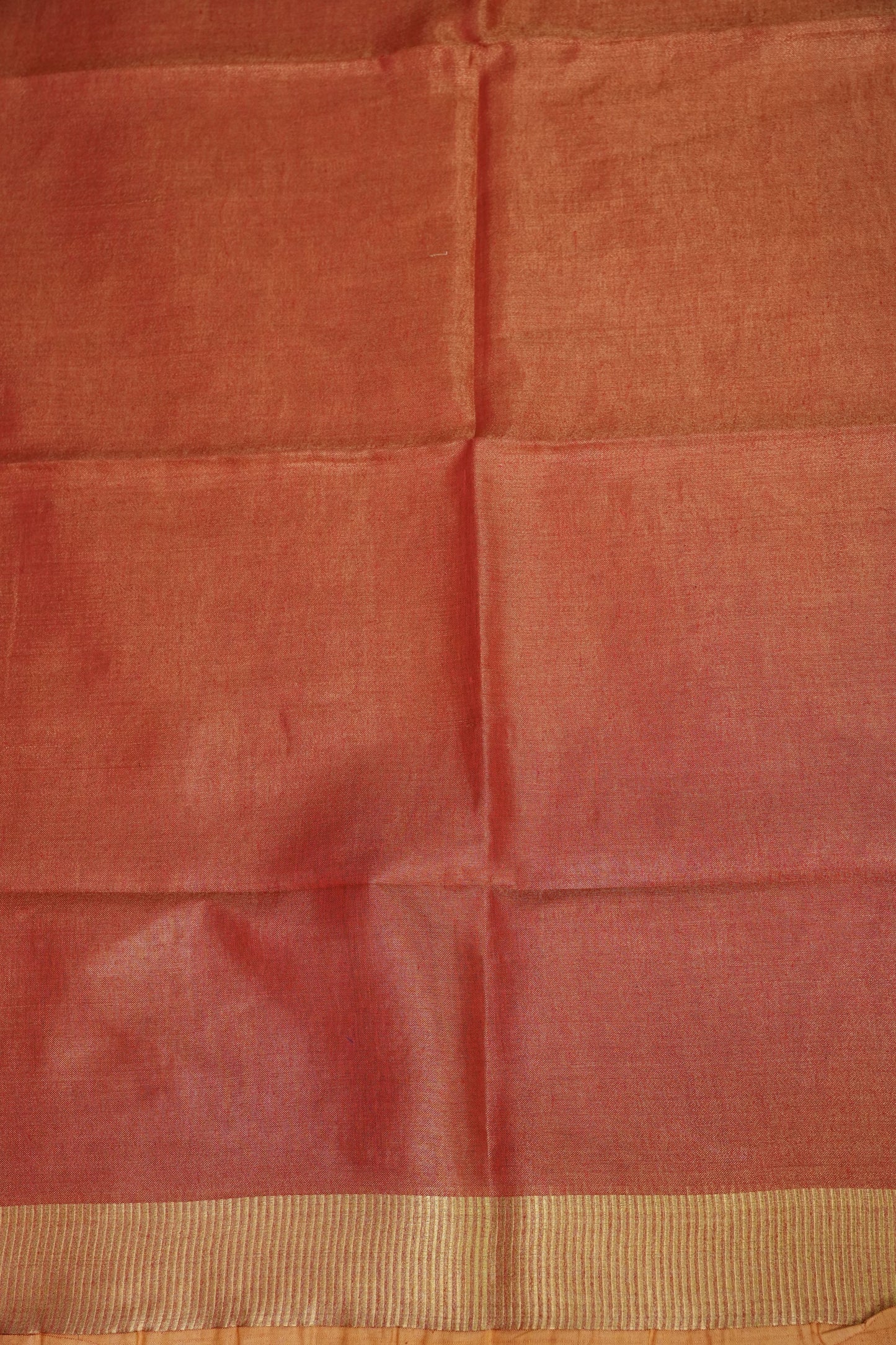 Tissue Linen Silk Saree – Coral Peach with Classic Gold Zari Border