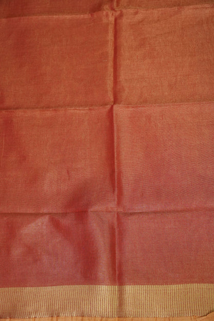 Tissue Linen Silk Saree – Coral Peach with Classic Gold Zari Border