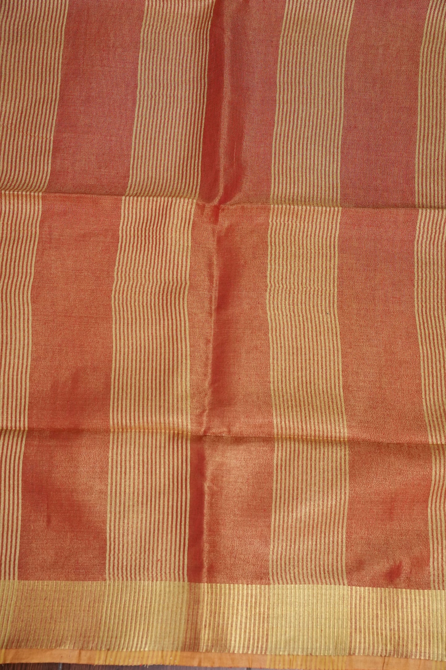 Tissue Linen Silk Saree – Coral Peach with Classic Gold Zari Border