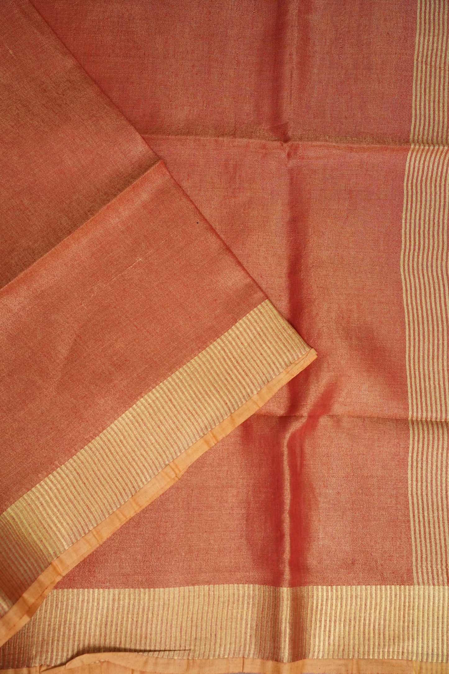 Tissue Linen Silk Saree – Coral Peach with Classic Gold Zari Border