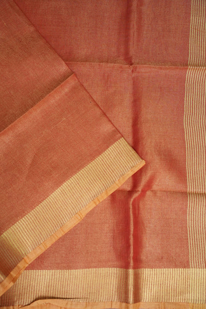 Tissue Linen Silk Saree – Coral Peach with Classic Gold Zari Border