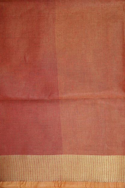Tissue Linen Silk Saree – Coral Peach with Classic Gold Zari Border
