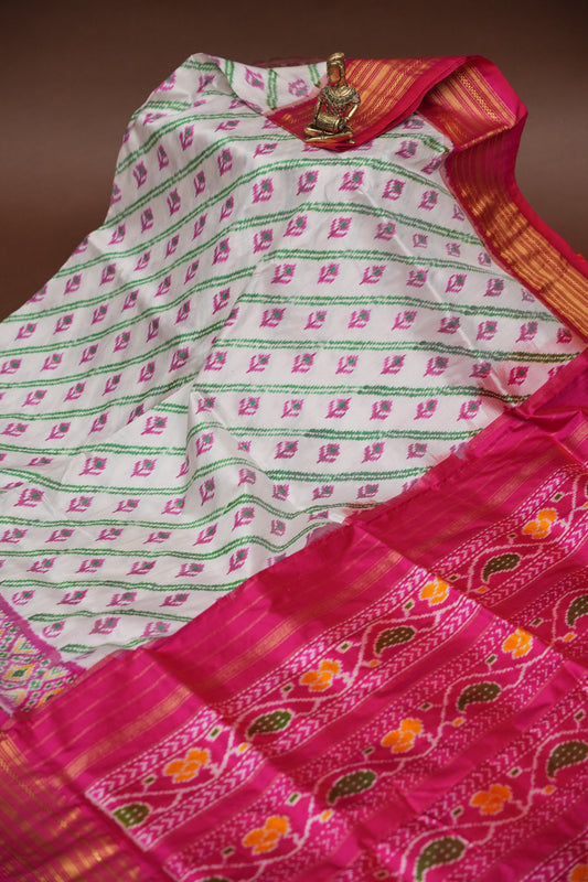 Pure Ikkat Soft Silk Saree - Pink & White