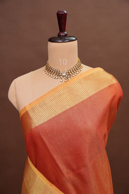 Tissue Linen Silk Saree – Coral Peach with Classic Gold Zari Border