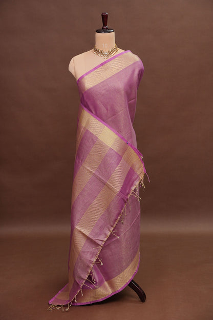 Tissue Linen Silk Saree – Soft Mauve Pink with Classic Gold Zari Border