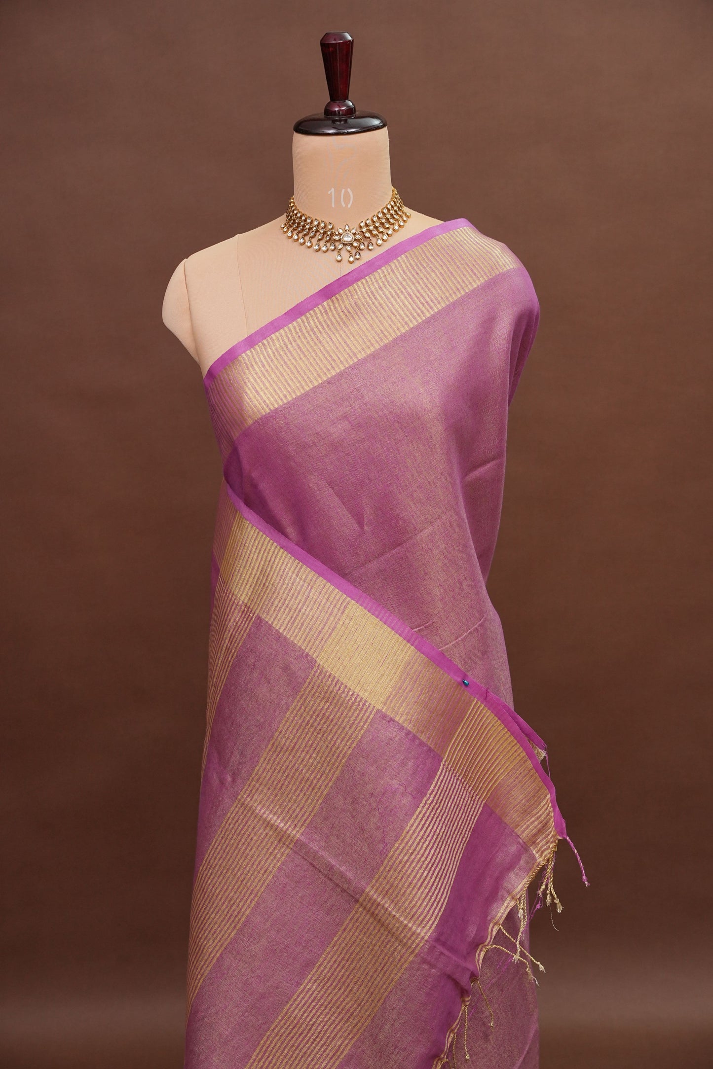 Tissue Linen Silk Saree – Soft Mauve Pink with Classic Gold Zari Border