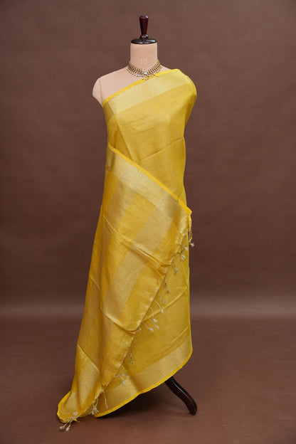 Tissue Linen Silk Saree – Sunshine Yellow with Subtle Gold Zari Border