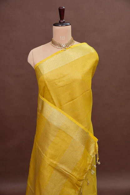 Tissue Linen Silk Saree – Sunshine Yellow with Subtle Gold Zari Border