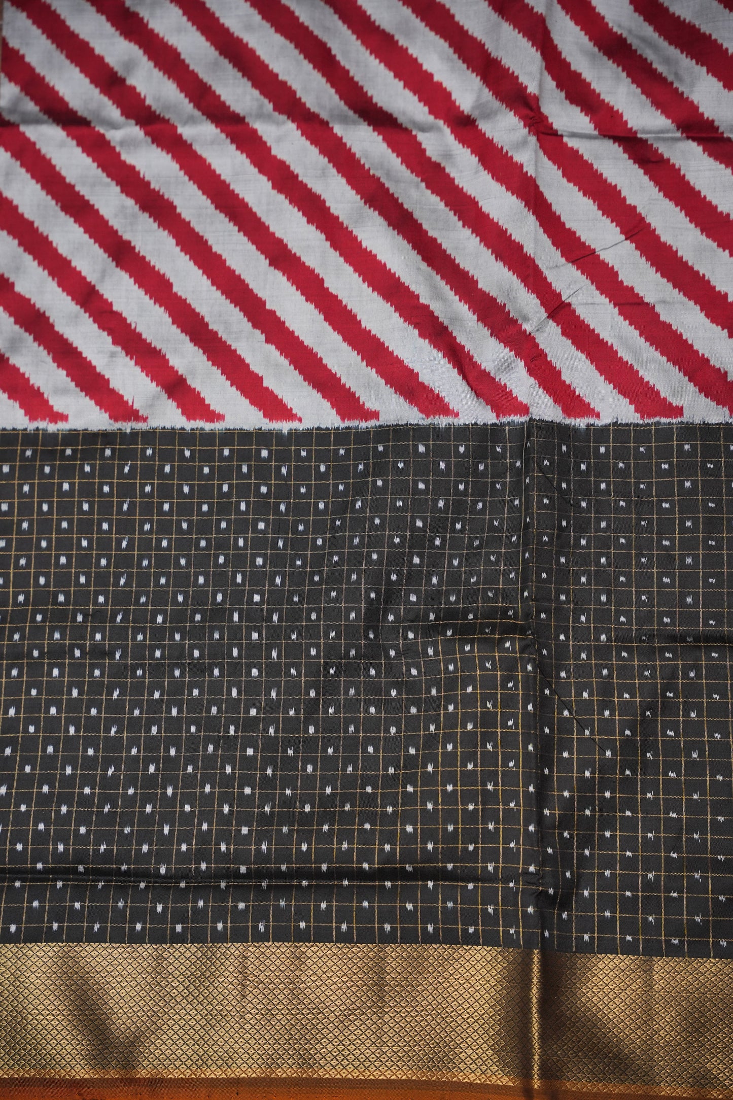 Pure Ikkat Soft Silk Saree - Silver Grey, Red & Black