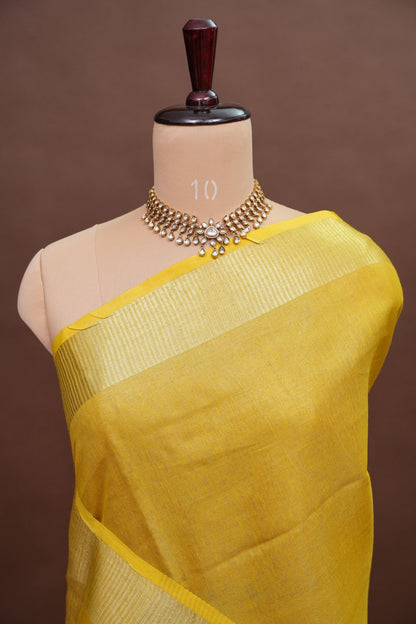 Tissue Linen Silk Saree – Sunshine Yellow with Subtle Gold Zari Border