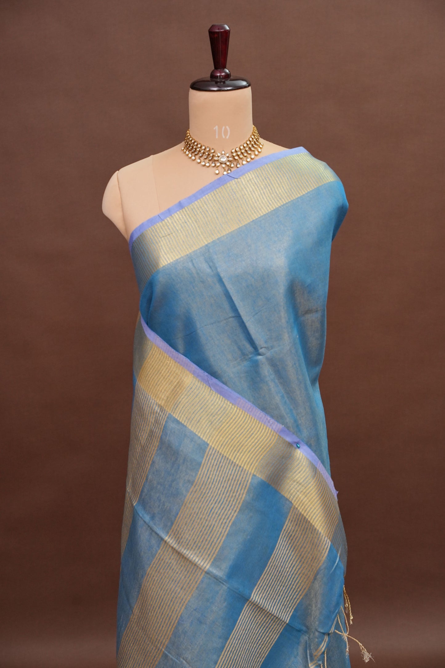 Tissue Linen Silk Saree – Powder Blue with Subtle Gold Zari Border