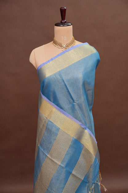 Tissue Linen Silk Saree – Powder Blue with Subtle Gold Zari Border