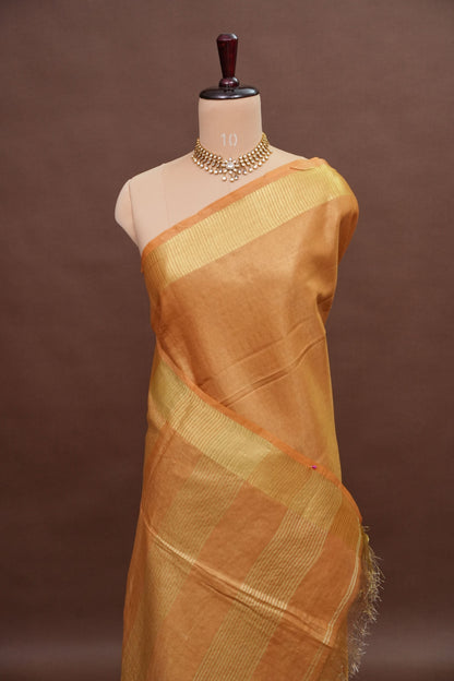 Tissue Linen Silk Saree – Honey Gold with Classic Zari Border