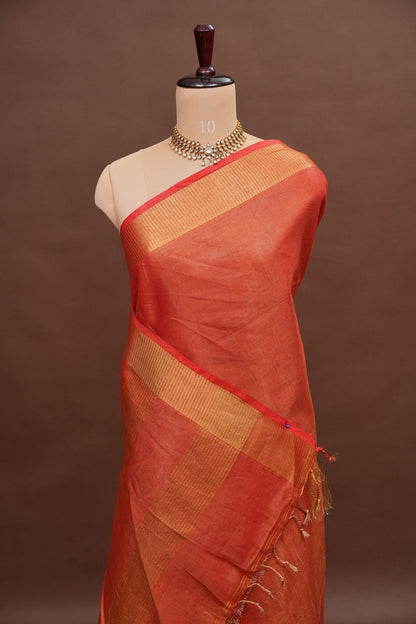Tissue Linen Silk Saree –Orange with Classic Gold Zari Border