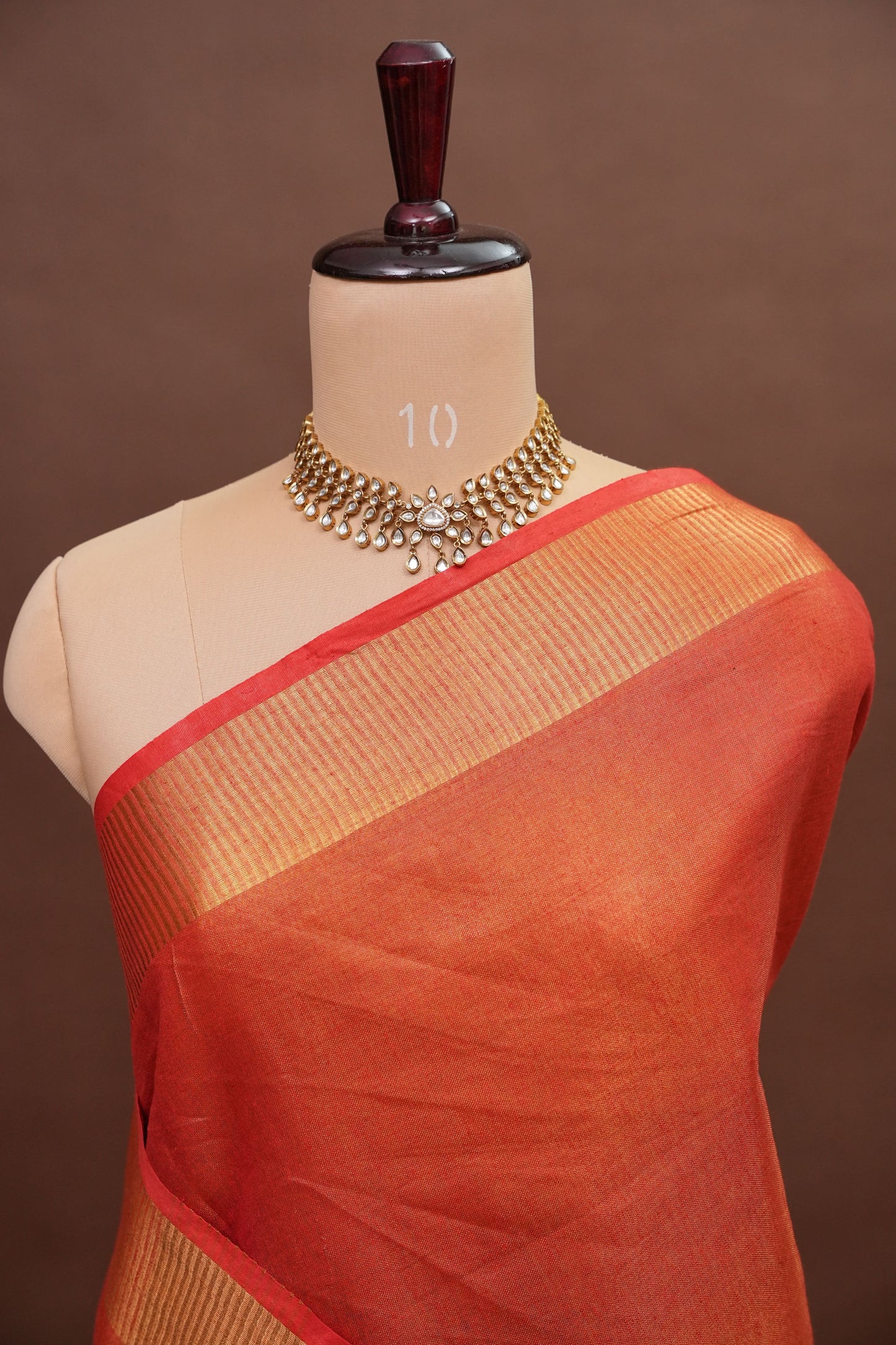 Tissue Linen Silk Saree –Orange with Classic Gold Zari Border