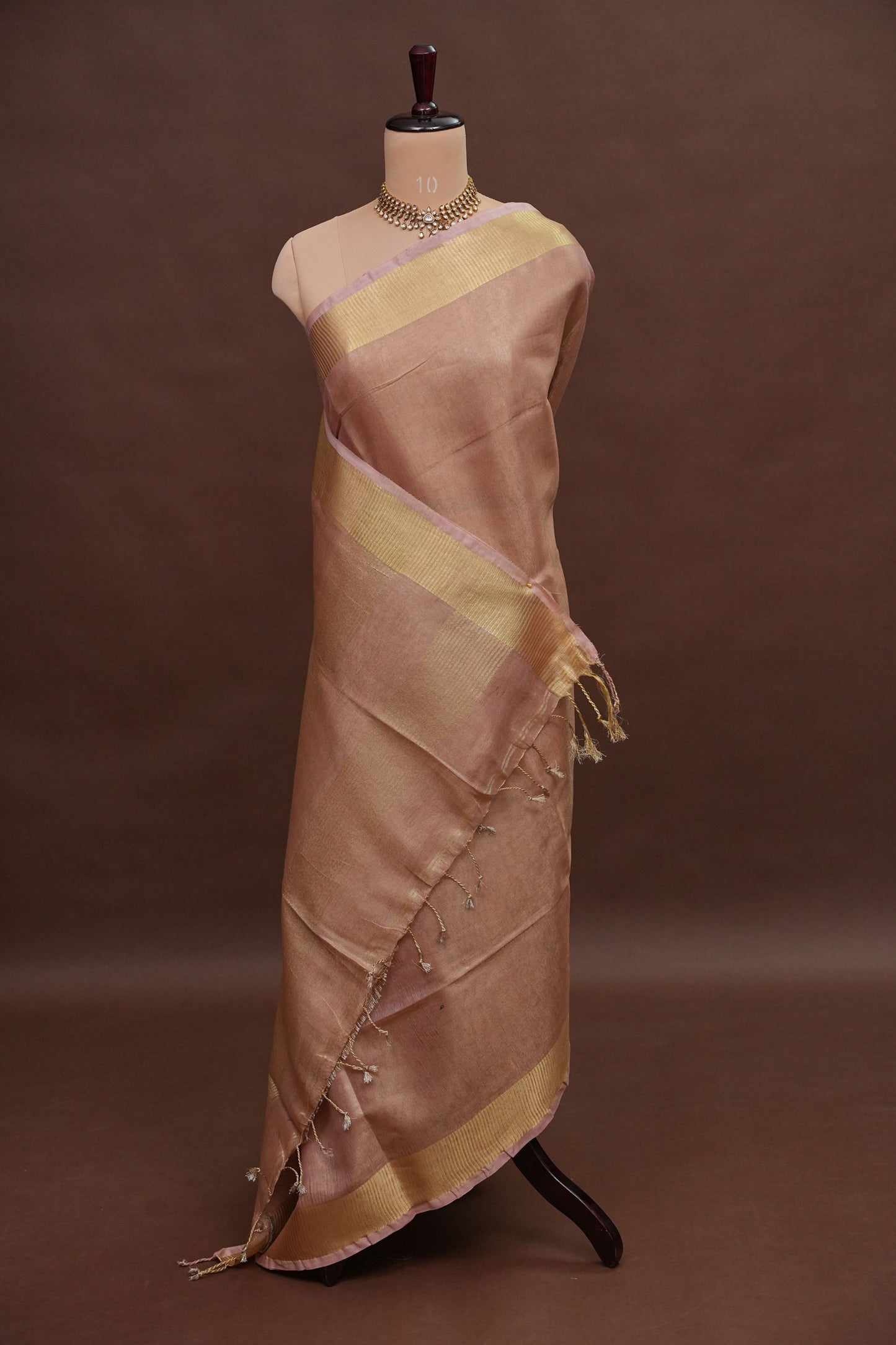 Tissue Linen Silk Saree – Soft Blush Beige with Classic Gold Zari Border